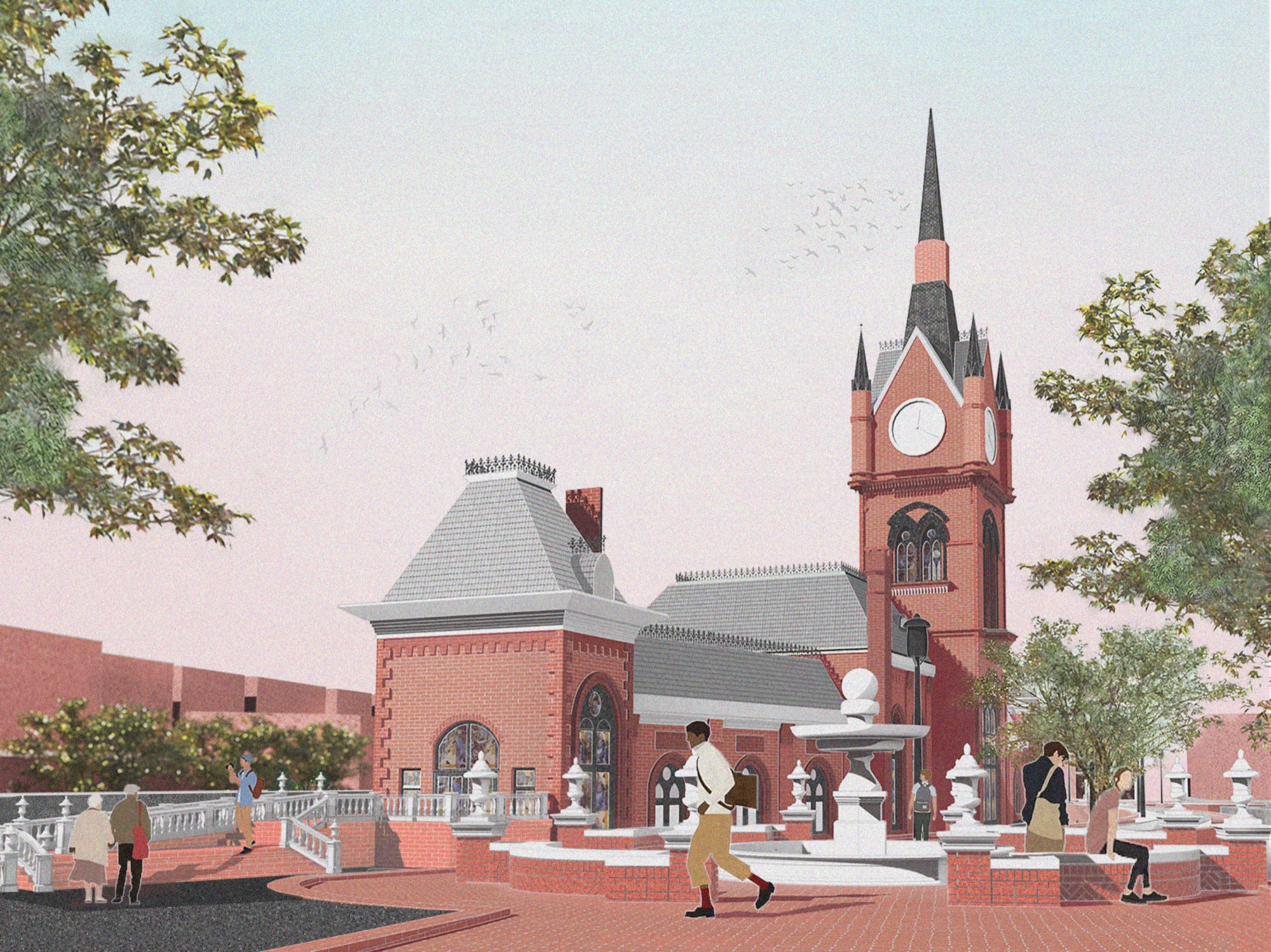 Colebrookdale — station exterior perspective with clock tower, red brick facade, trees, and steam locomotive