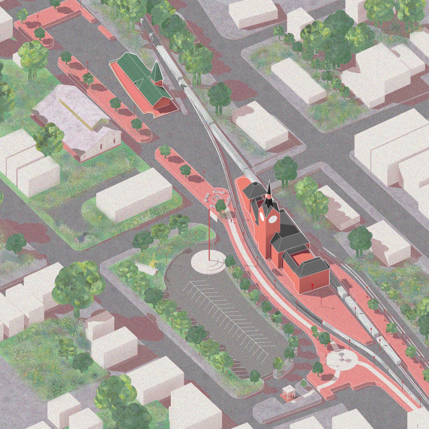 Colebrookdale — aerial site plan axonometric showing station and rail corridor in neighborhood context