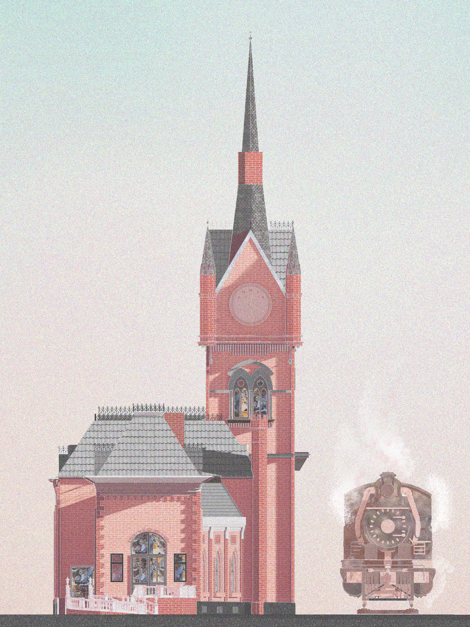 Colebrookdale — elevation with clock tower, spire, arched windows, and steam locomotive at platform