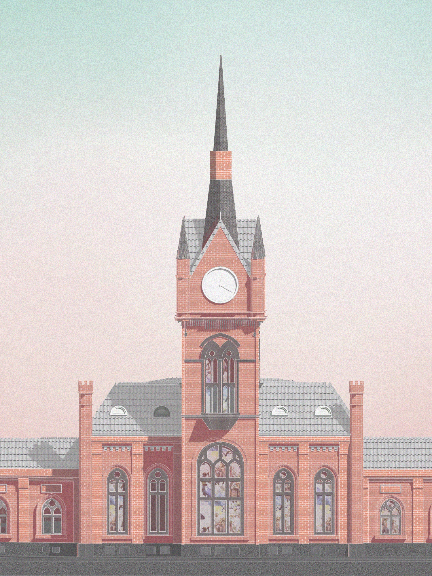 Colebrookdale — symmetrical front elevation of station with central clock tower and flanking wings
