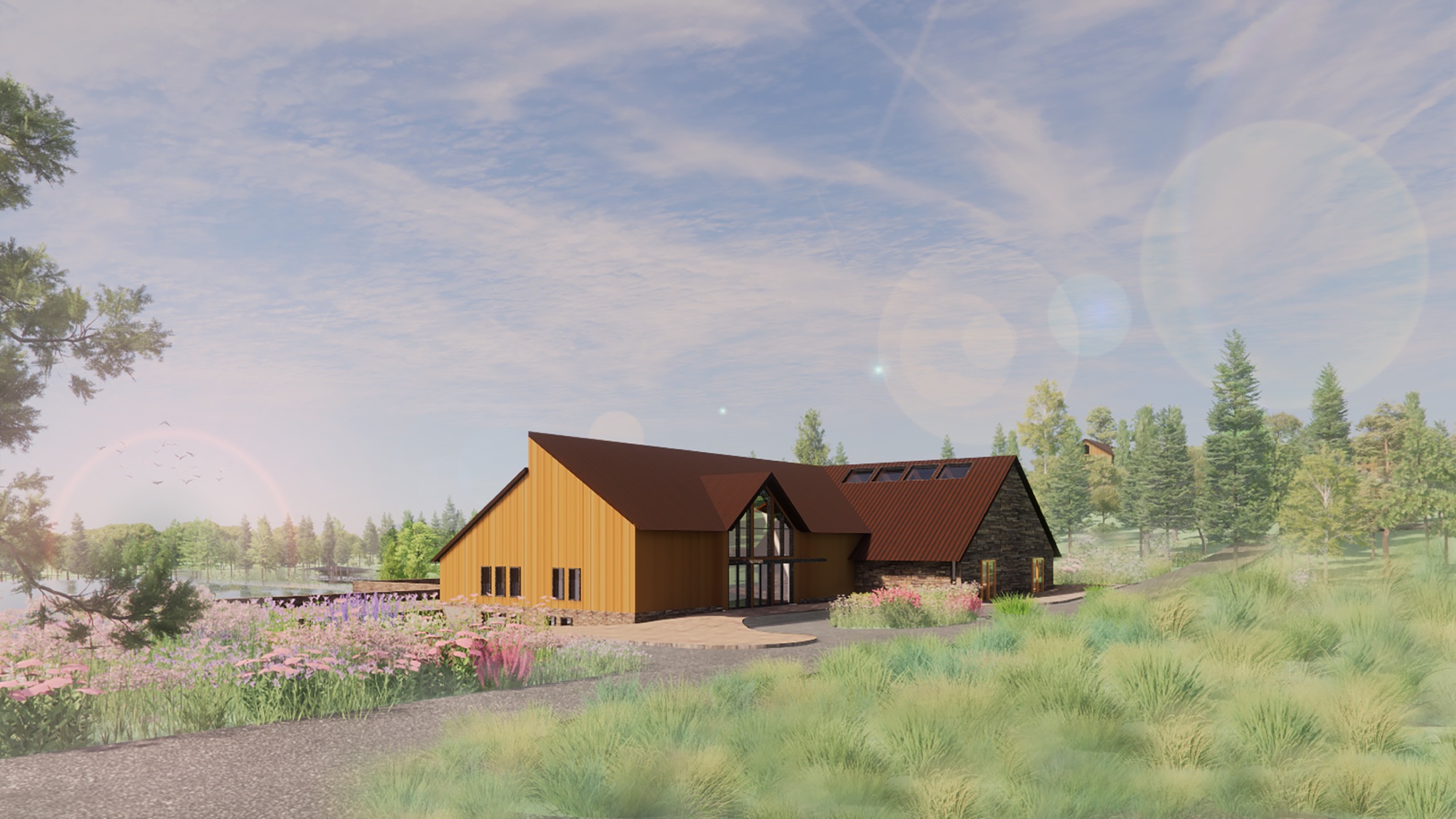 Education Competition — exterior render from meadow: wood-clad building with dark roof and gabled entry, wildflowers in foreground