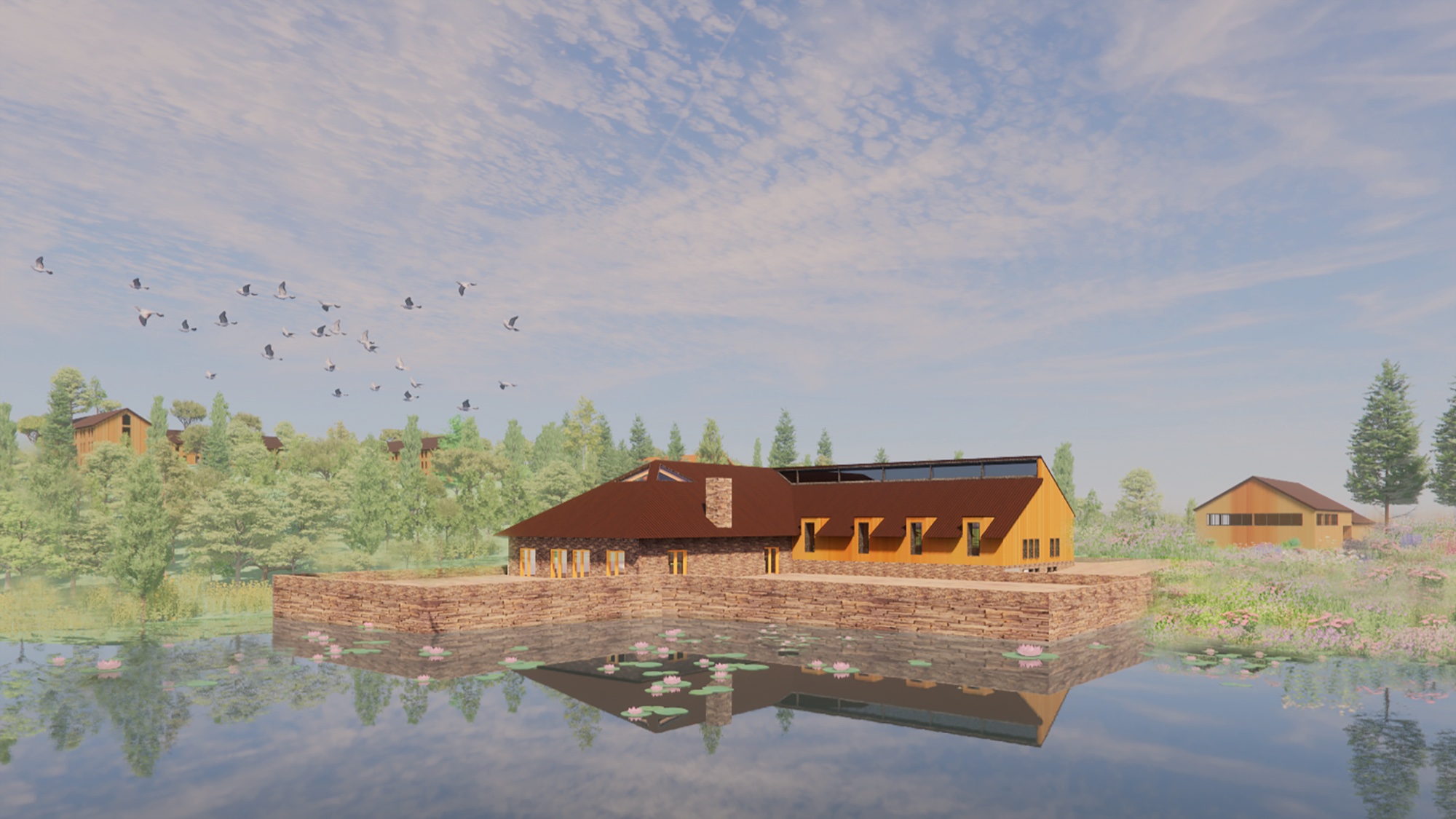 Education Competition — exterior render from lake: building reflected in pond with lily pads, birds in flight, solar panels on roof