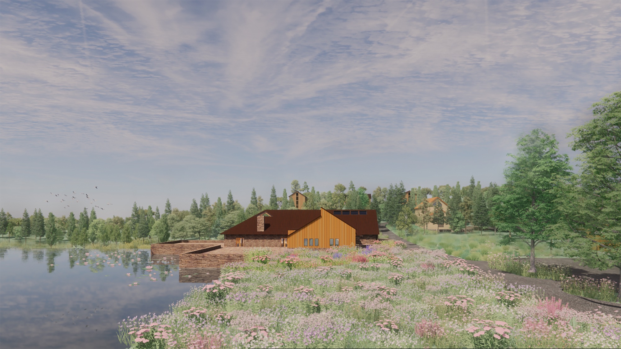 Education Competition — exterior render from wildflower meadow: building at water's edge with forest backdrop