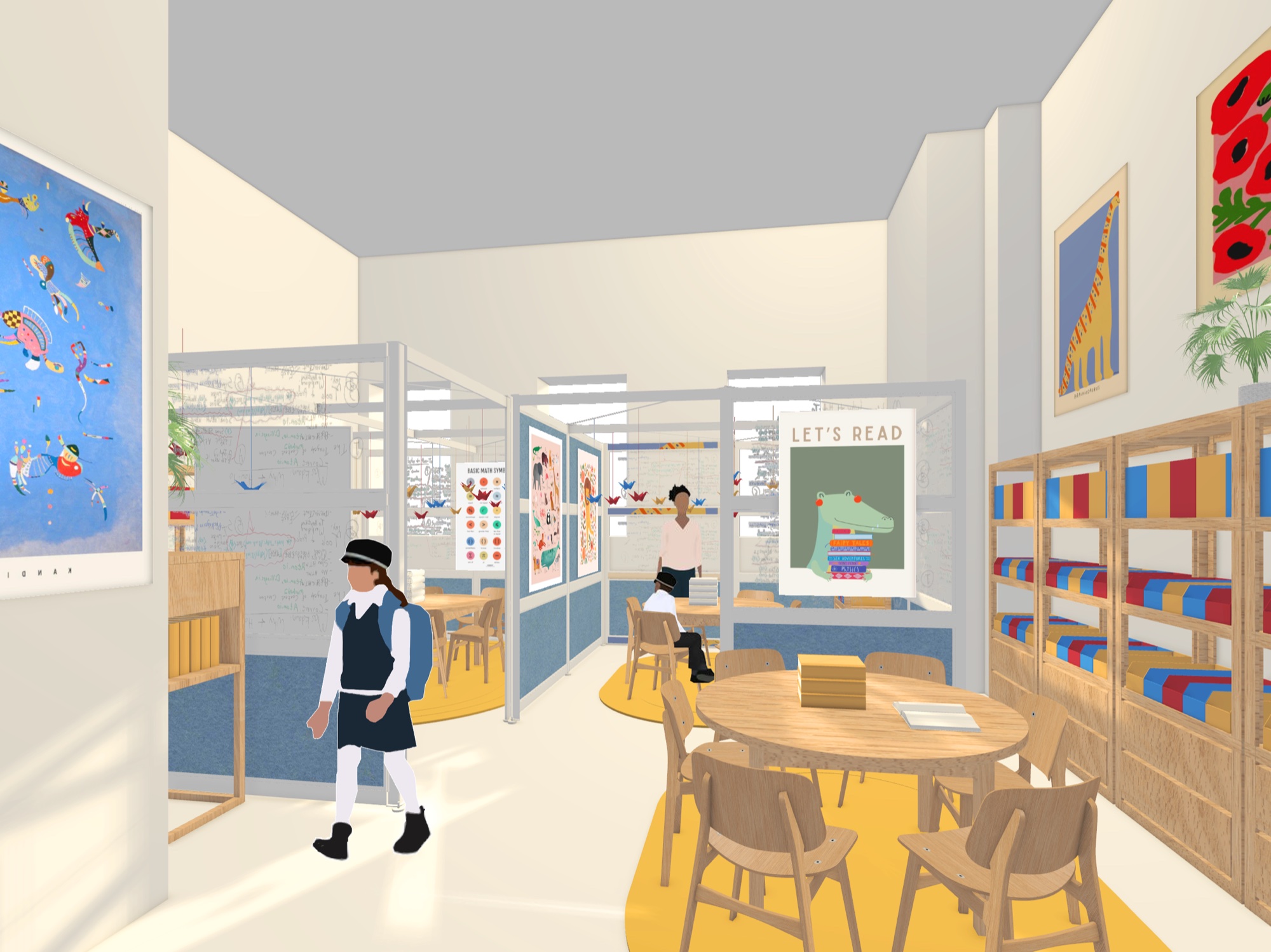 Saint Ann's School Farber Building — interior render: student area with modular pod partitions, artwork, and yellow rug
