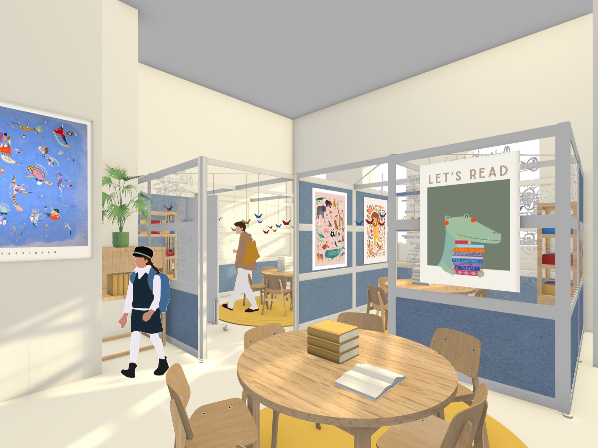 Saint Ann's School Farber Building — interior render: library side with reading pods, bookshelves, and LET'S READ display