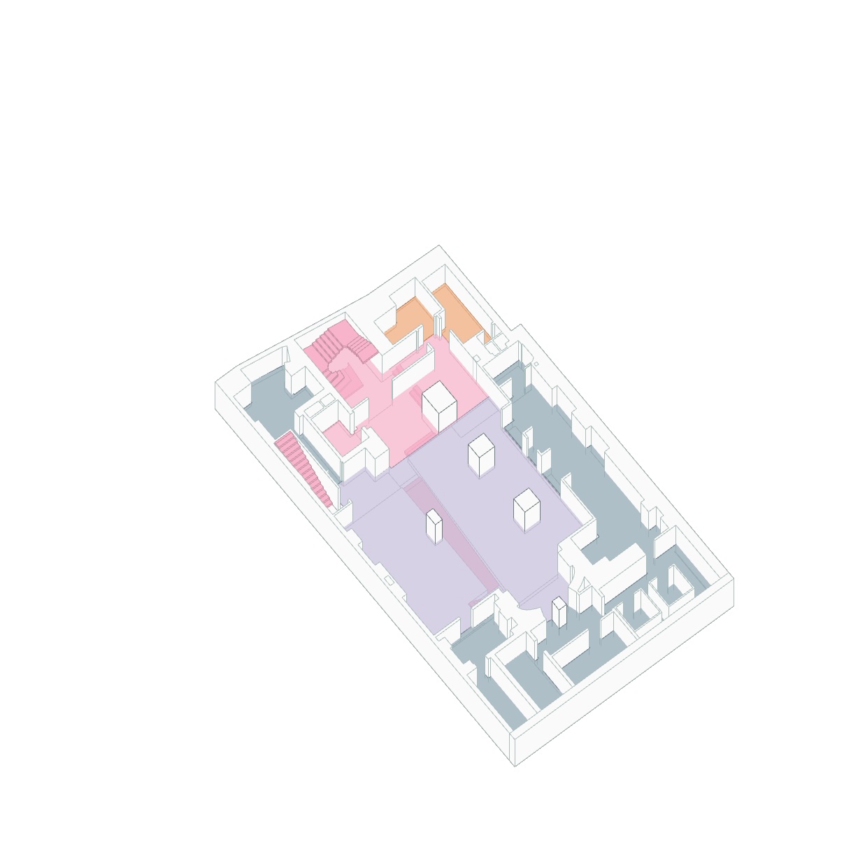 Saint Ann's School Farber Building — axonometric cutaway of ground floor with lavender main space and pink circulation