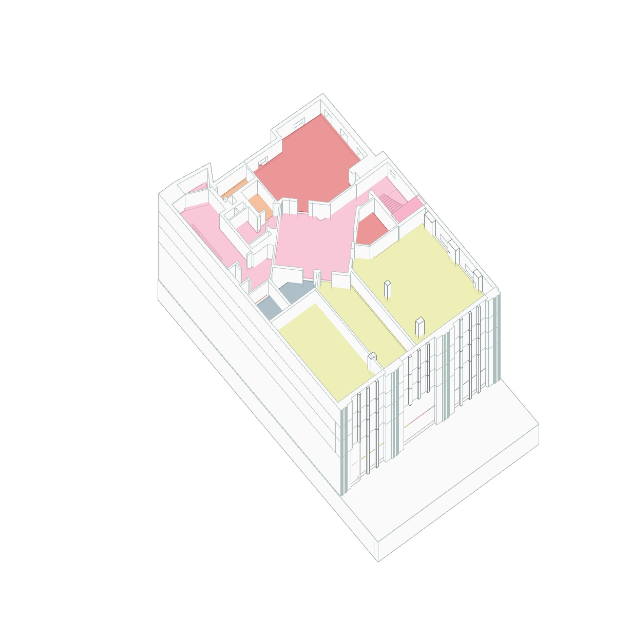 Saint Ann's School Farber Building — axonometric cutaway of upper floor with red artistic classroom and yellow classrooms