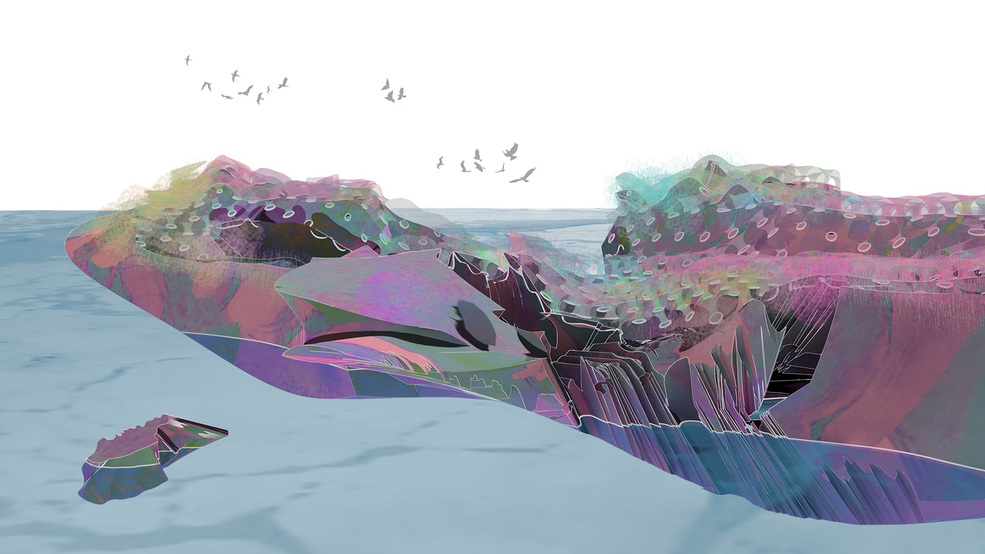 Halophilic Island — landscape render with salt crystalline formations and birds