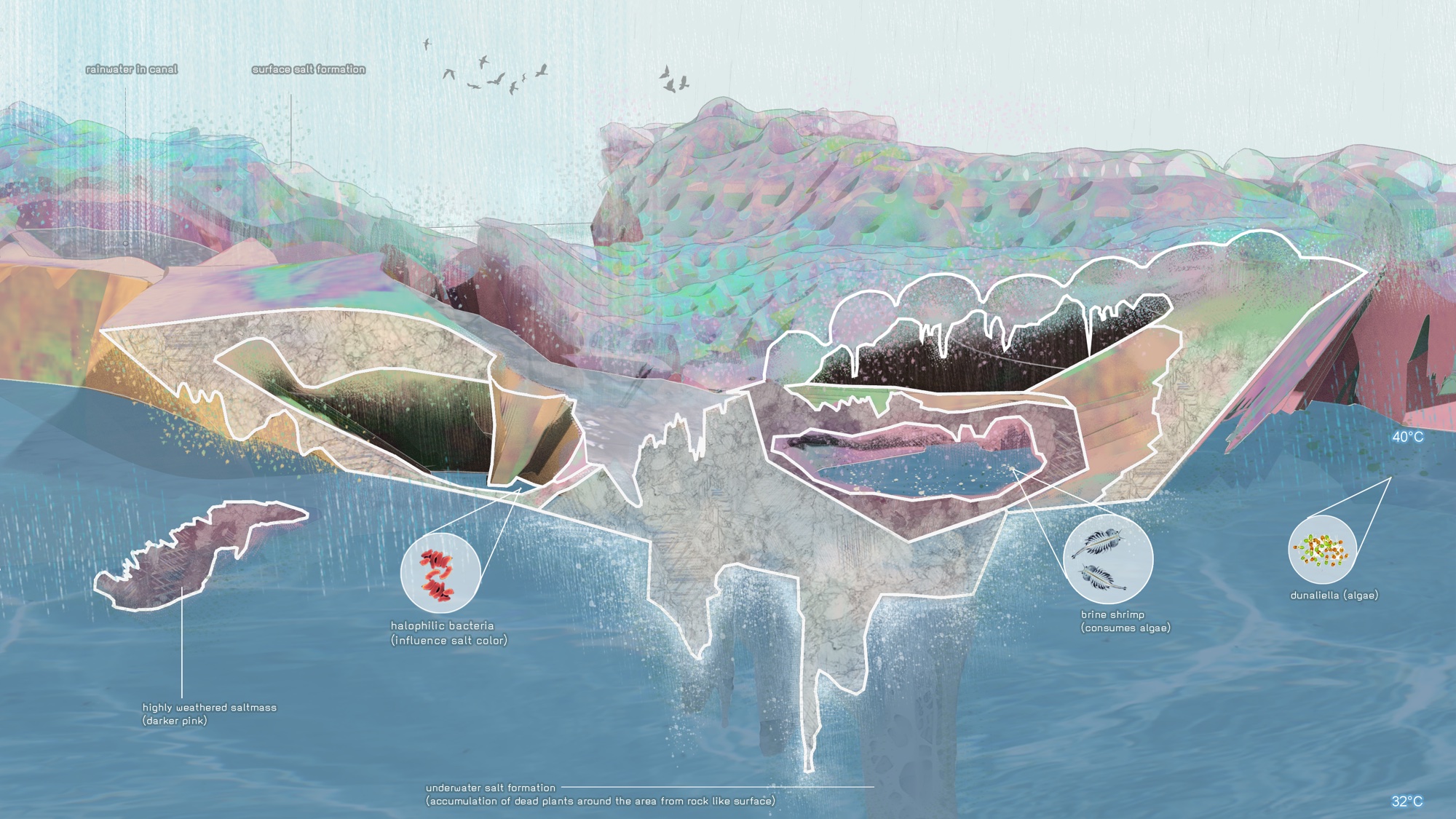Ecosystem cross-section — cave system, tidal dynamics and organism habitats