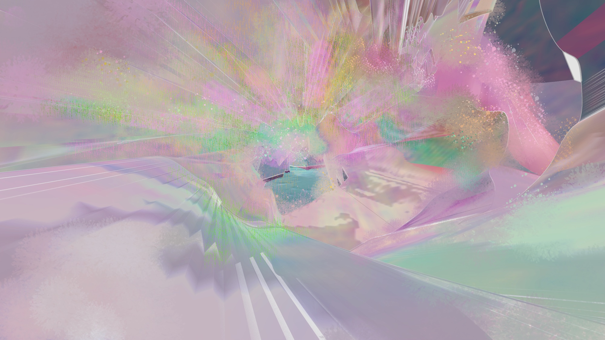 Interior render — cave passage with light and water