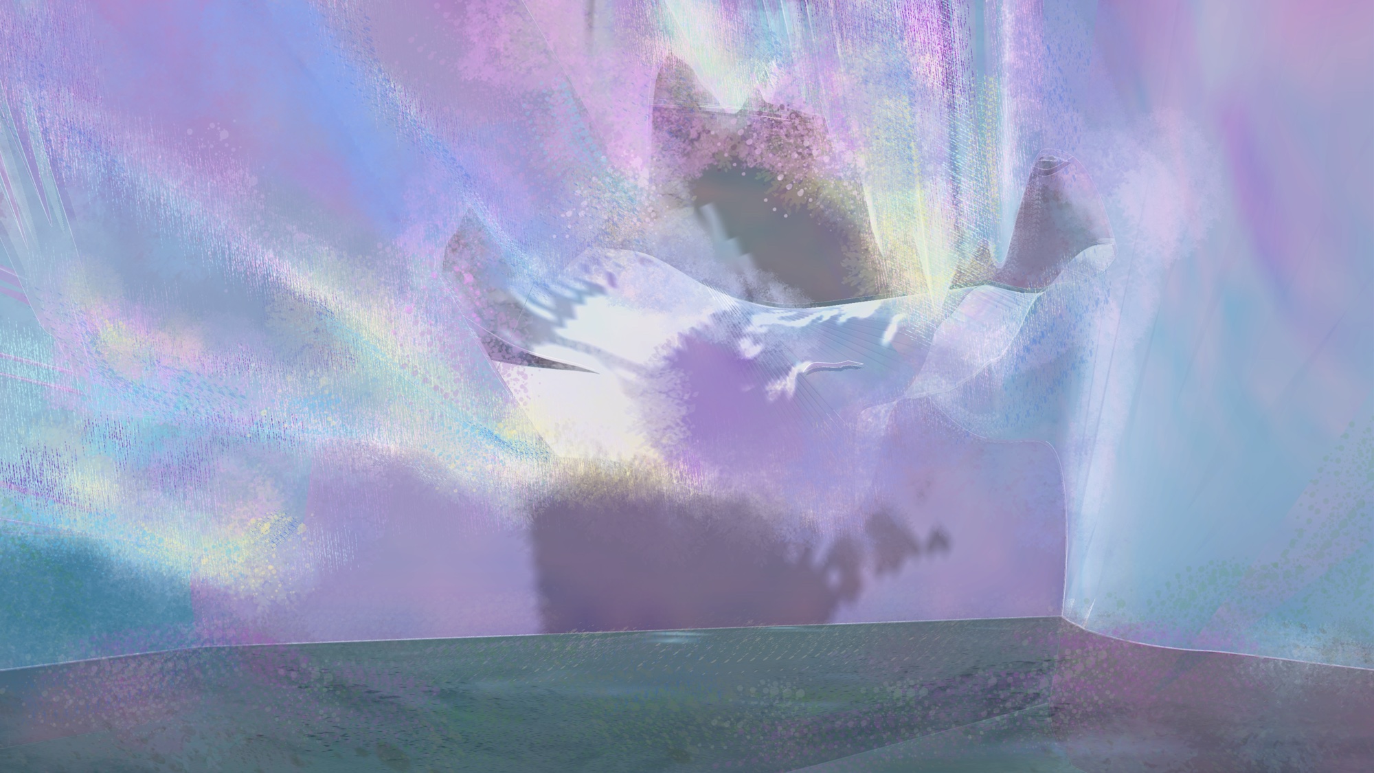 Interior render — iridescent salt cave with diffused light