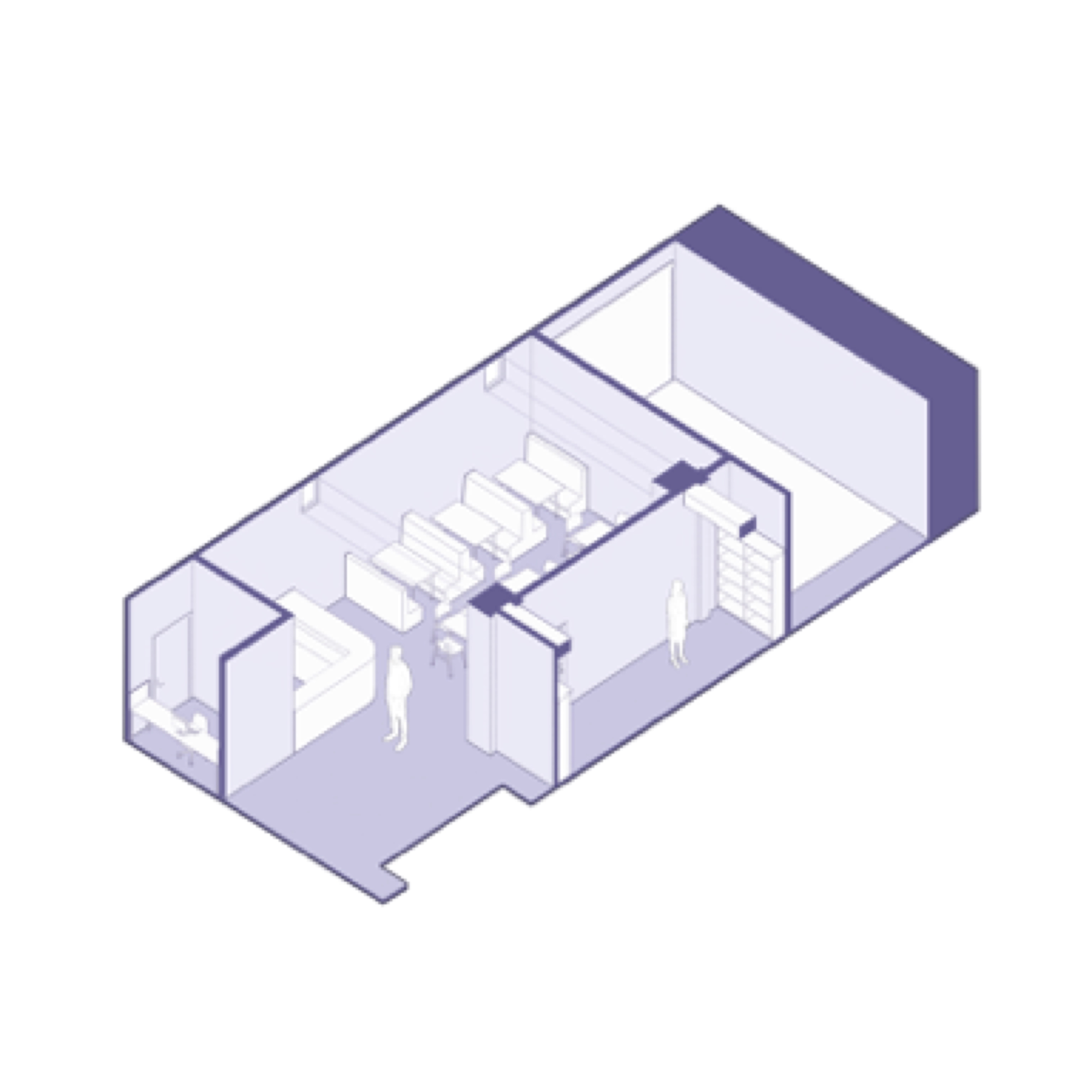 Heights Casino — public area A, purple-toned axonometric cutaway of reception with workstations and filing