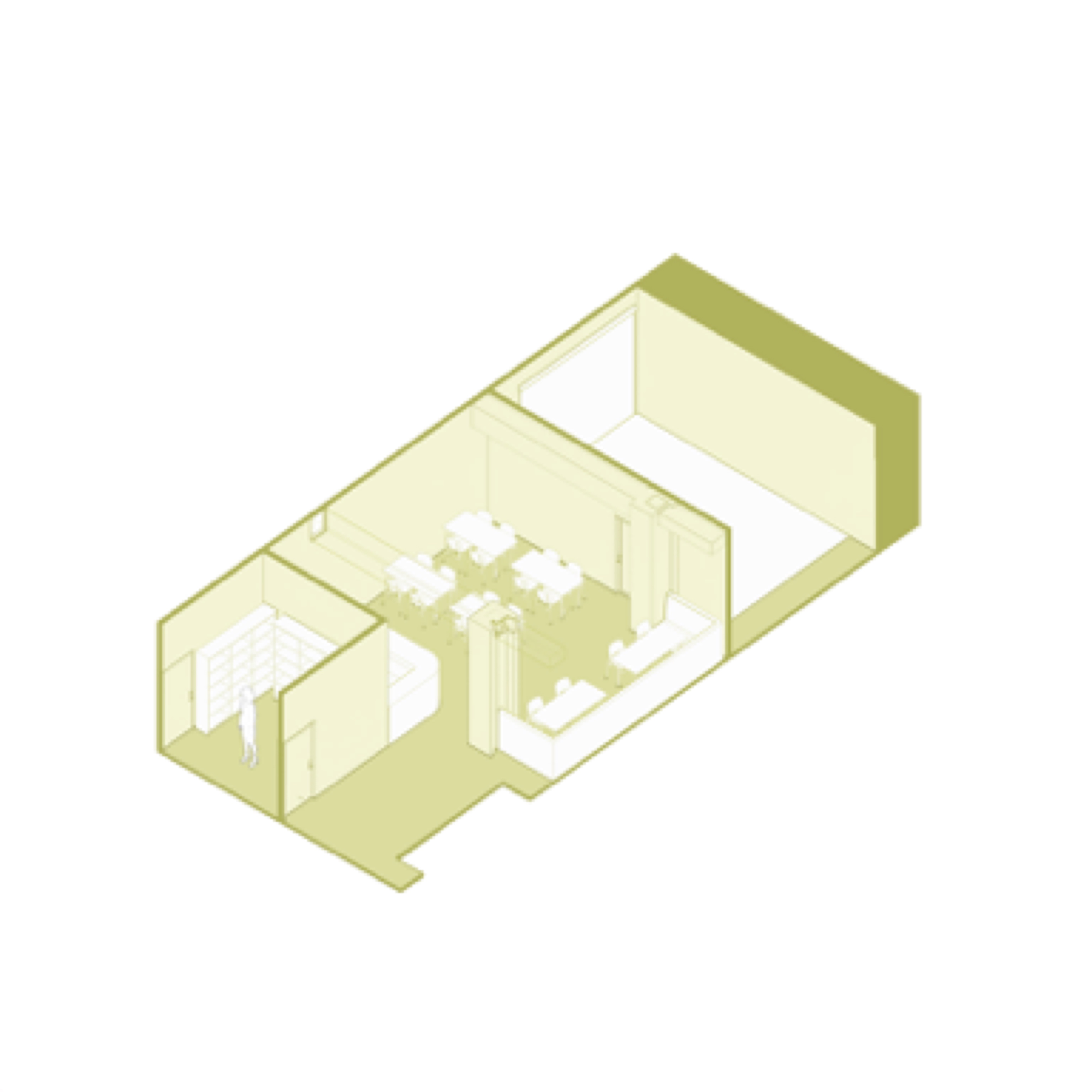Heights Casino — public area C, yellow-green toned axonometric of lounge with casual seating clusters