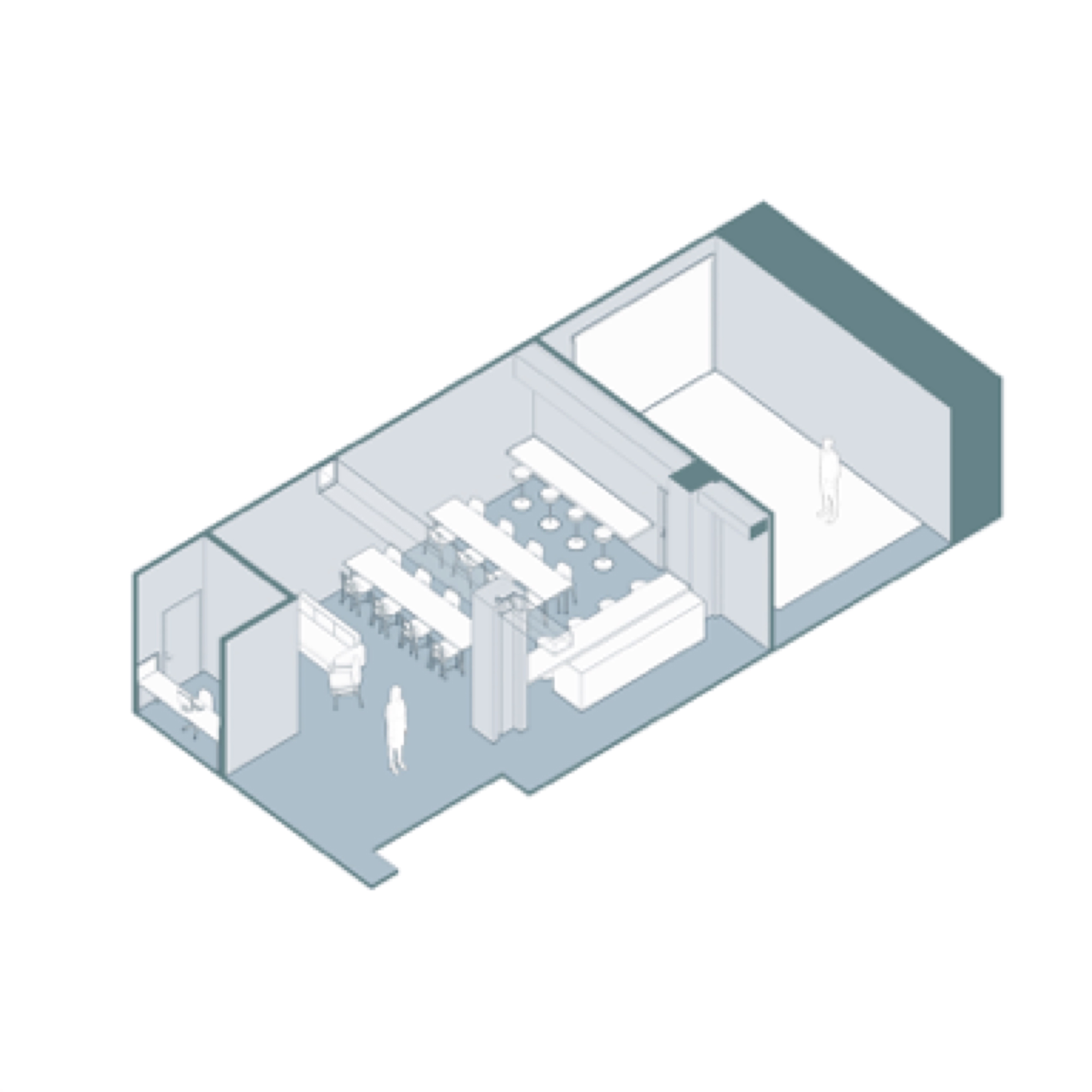 Heights Casino — public area E, teal-grey axonometric of open workspace with long conference table and lounge seating