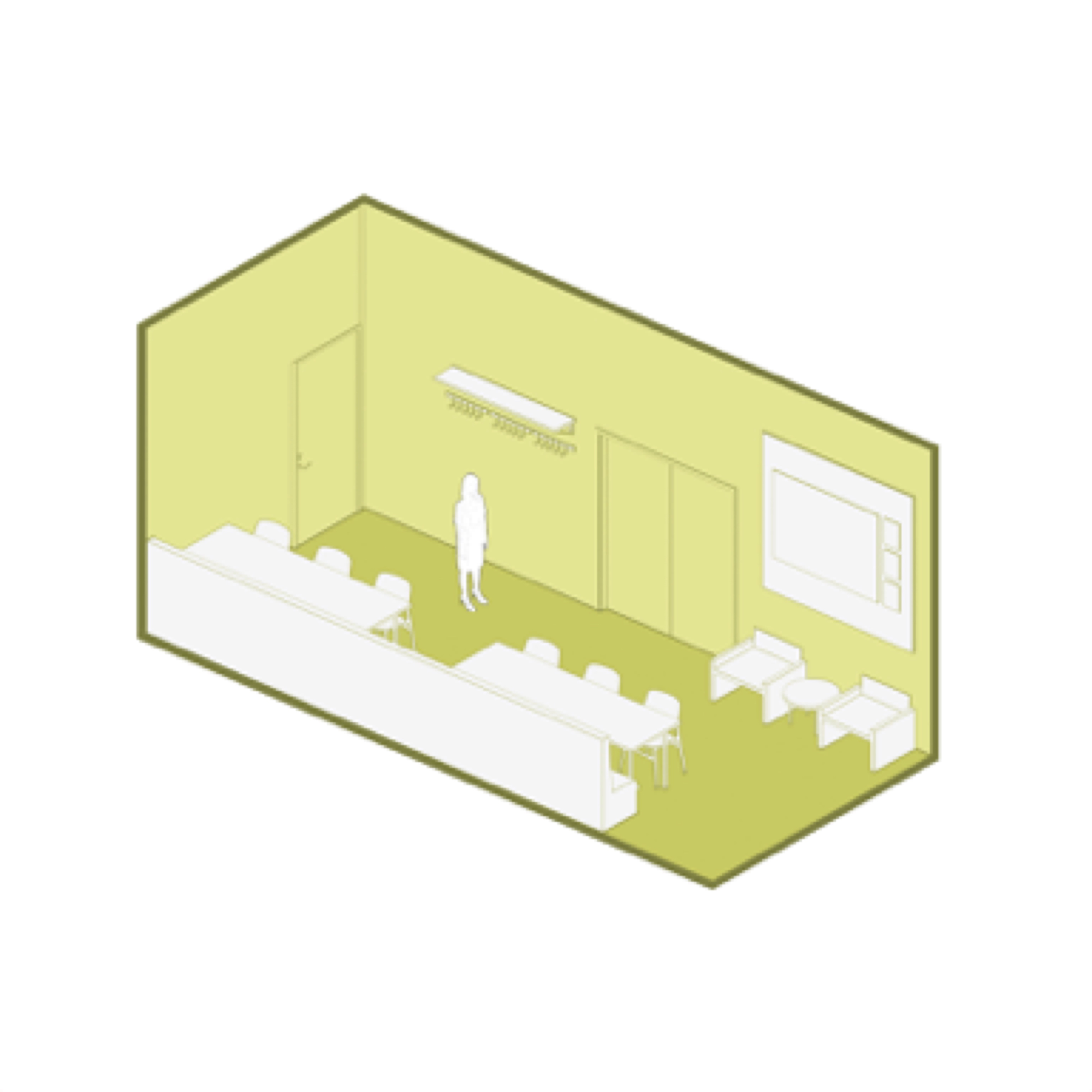 Heights Casino — staff area B, yellow-green training room with rows of desks and whiteboard