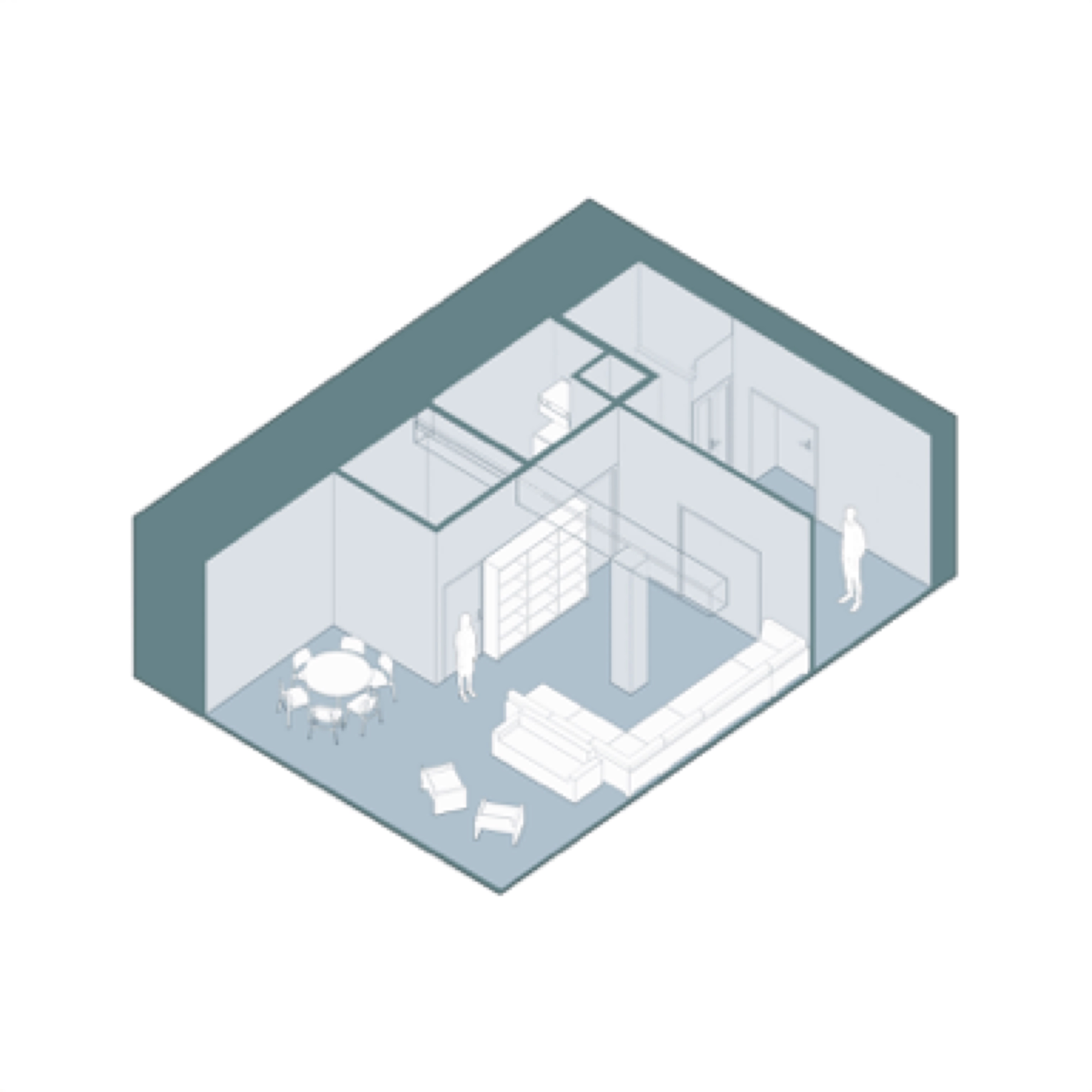Heights Casino — staff area C, teal-grey staff lounge with round dining table, sofa, and storage wall