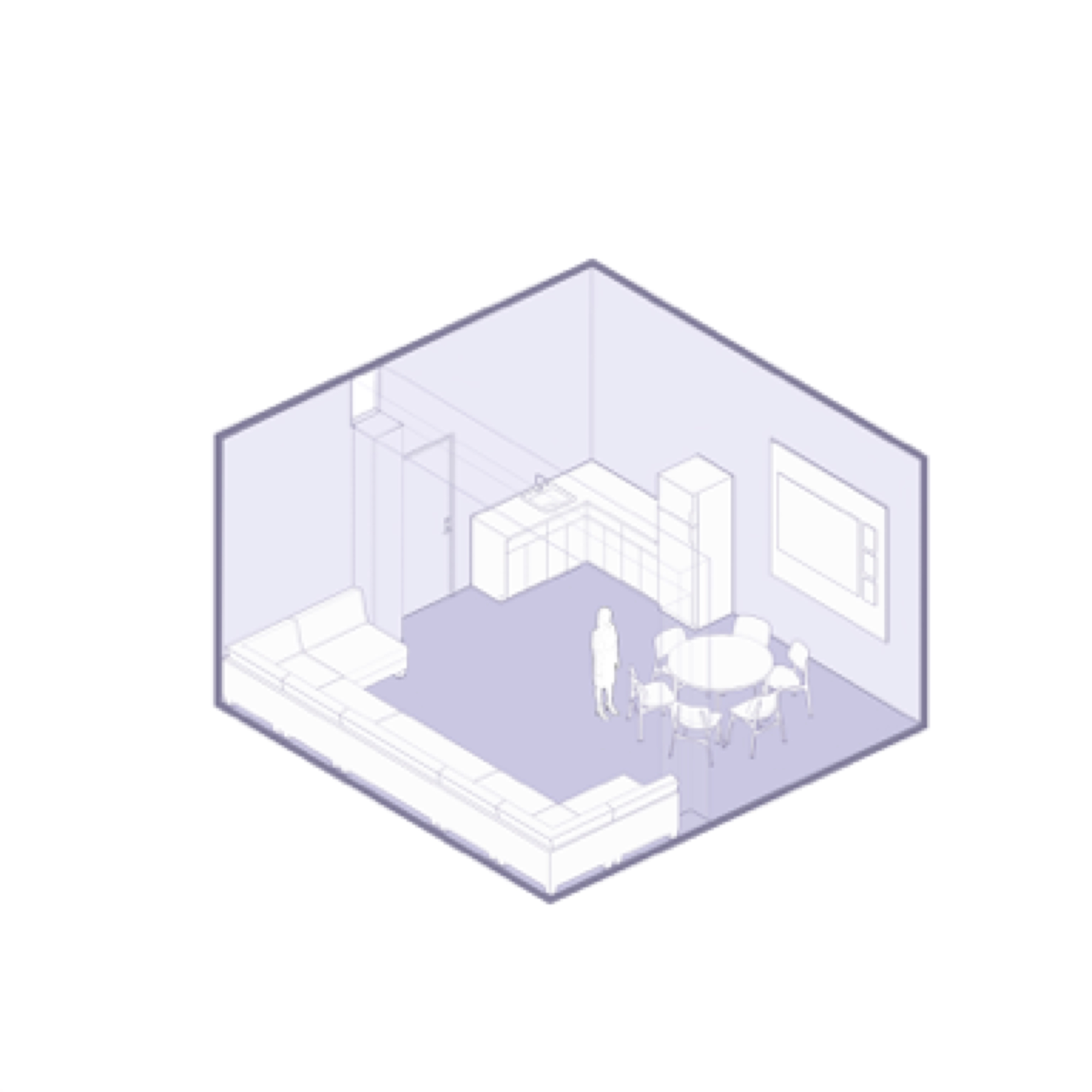 Heights Casino — staff area D, lavender break room with L-shaped kitchen, sofa, and round dining table in hexagonal envelope