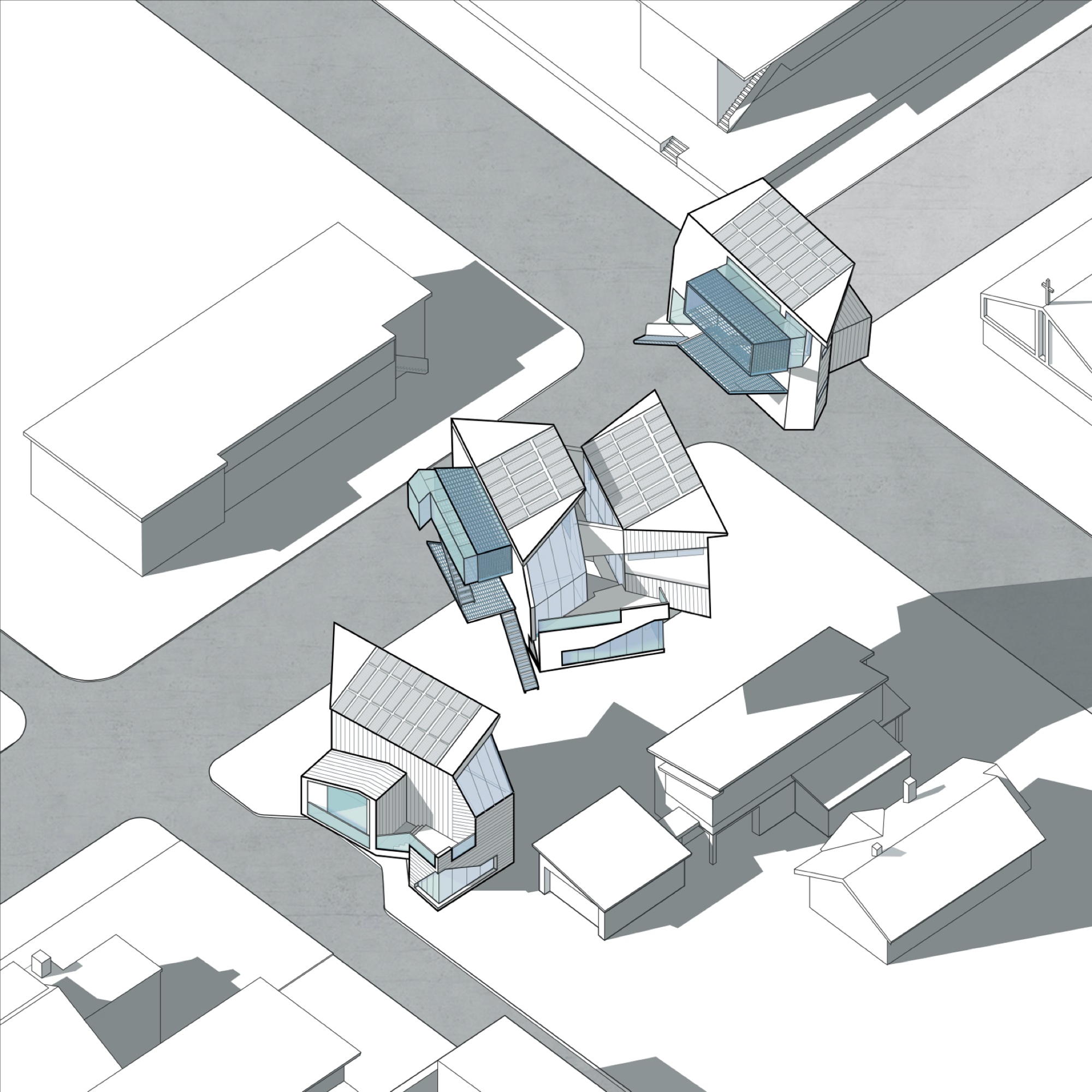 Hinge House — exploded axon showing Artist Loft Cluster and Central Cluster in Venice Beach context