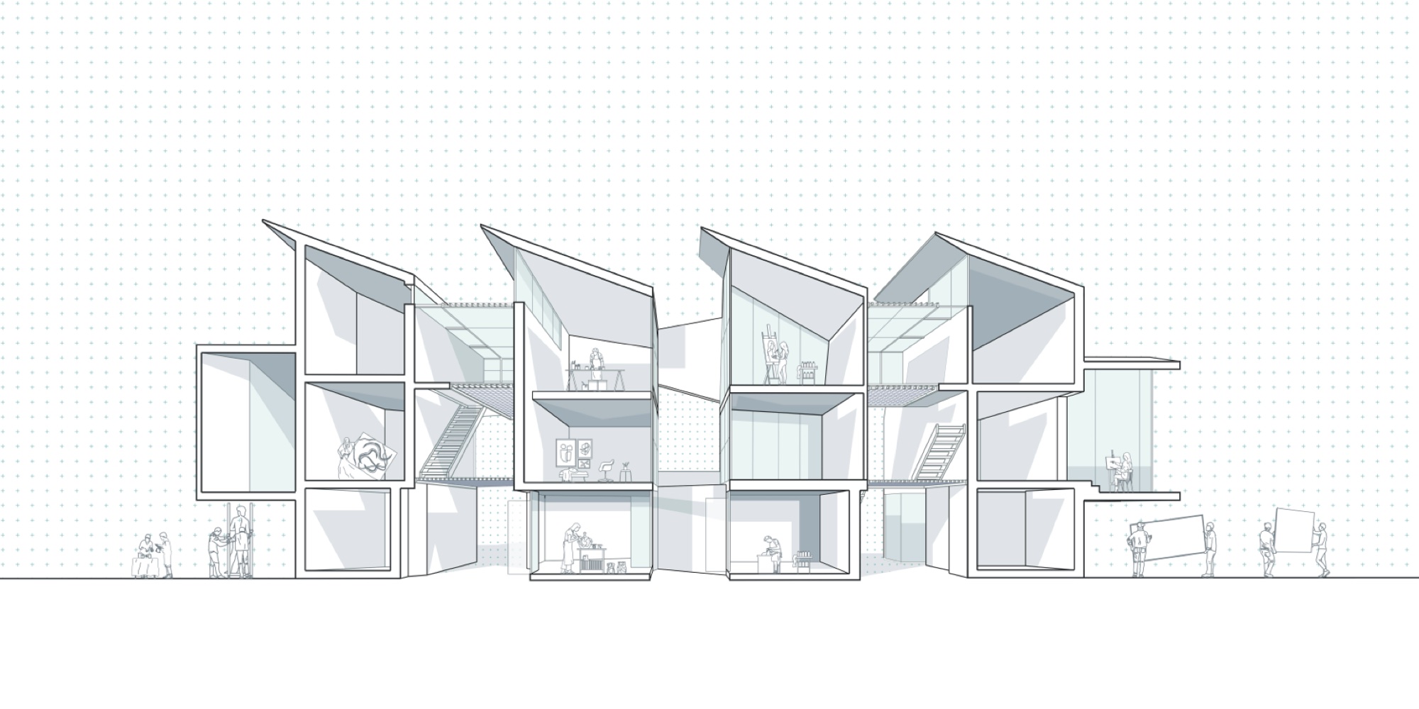 Perspective section — artist studios, communal kitchens, and gallery spaces stacked vertically with occupants
