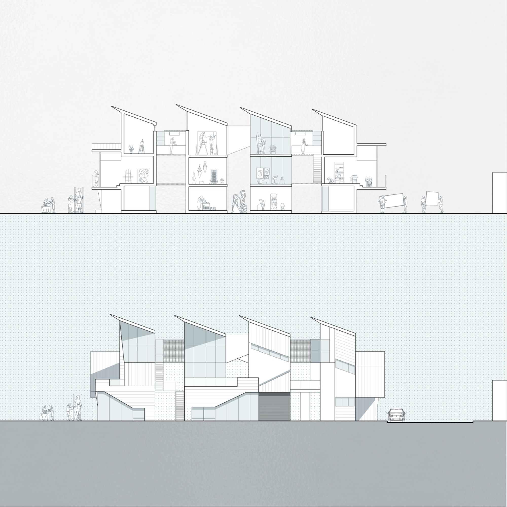 East elevation and section — four artist loft units with oblique glass facades; section showing program layers below