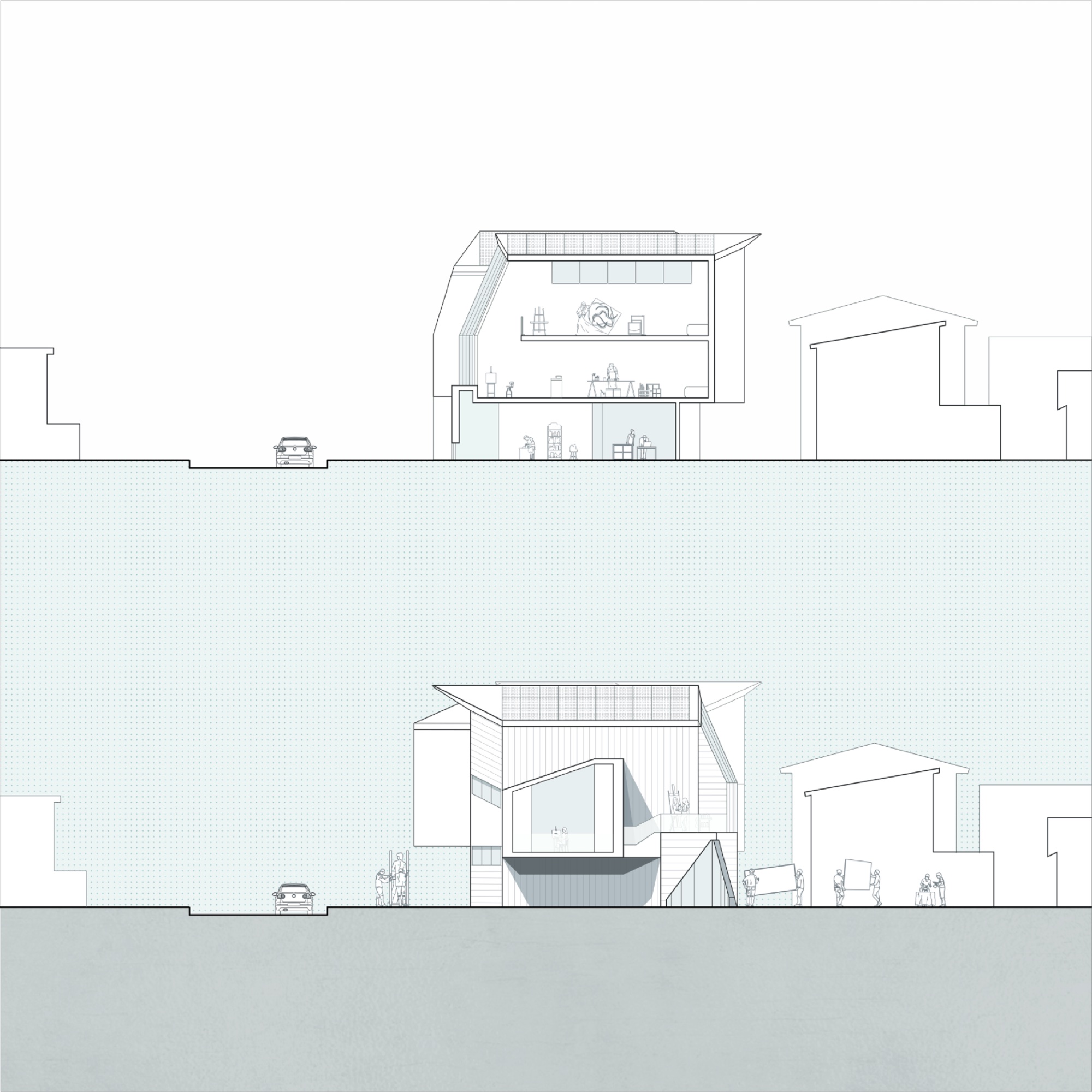 North elevation and section — Central Cluster with oblique roof and gallery at ground floor
