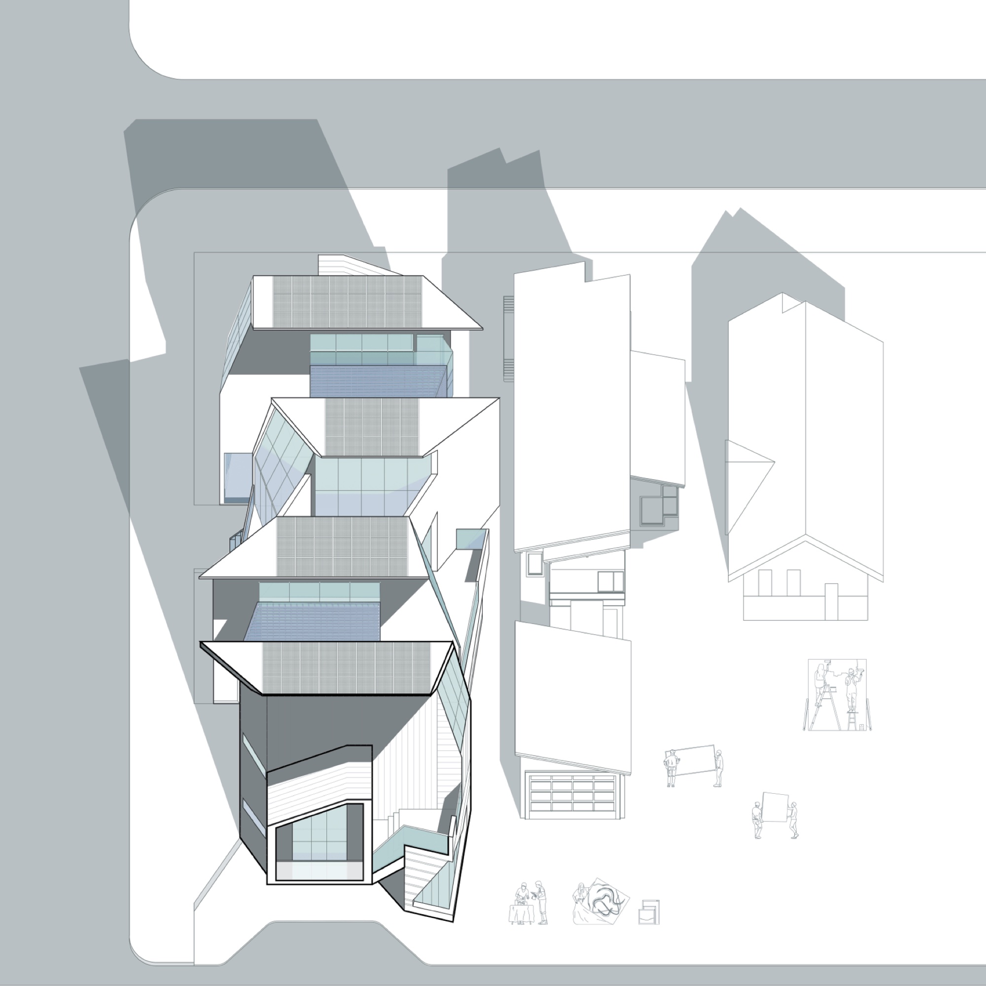 Site plan — Artist Loft Cluster and Central Cluster within Venice Beach block, shadows and context