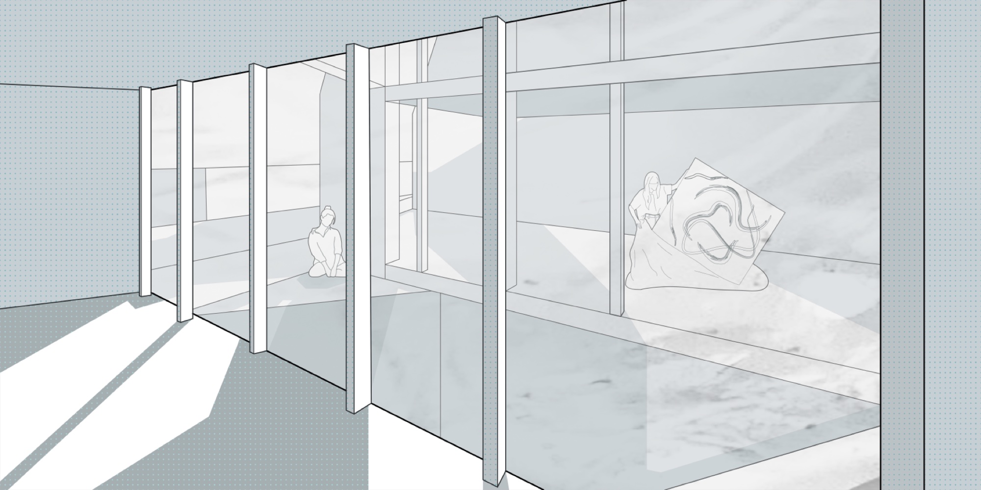 Interior render — gallery space with oblique glass wall, sunlight, and artwork on display