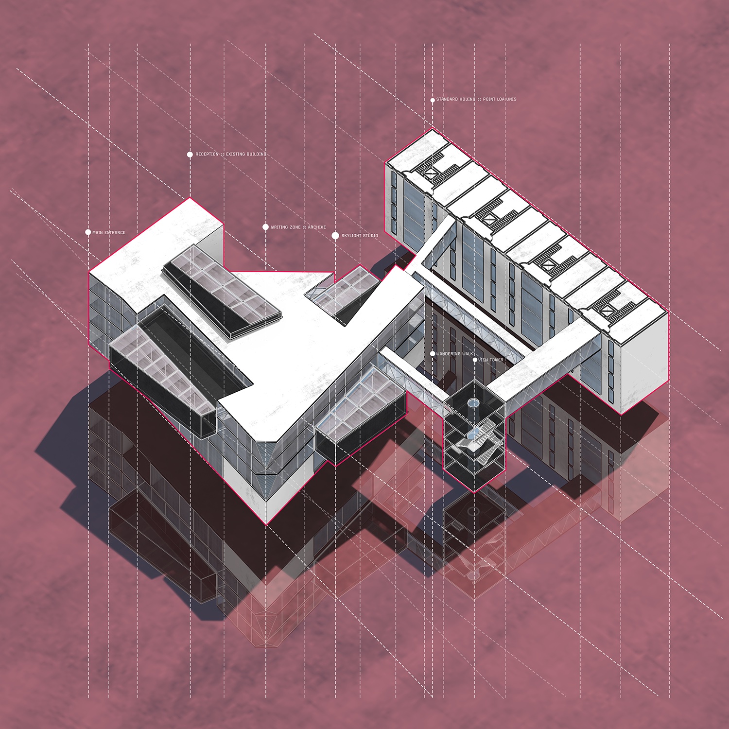 Artist foundation — axon showing studio cluster, gallery, and communal courtyard