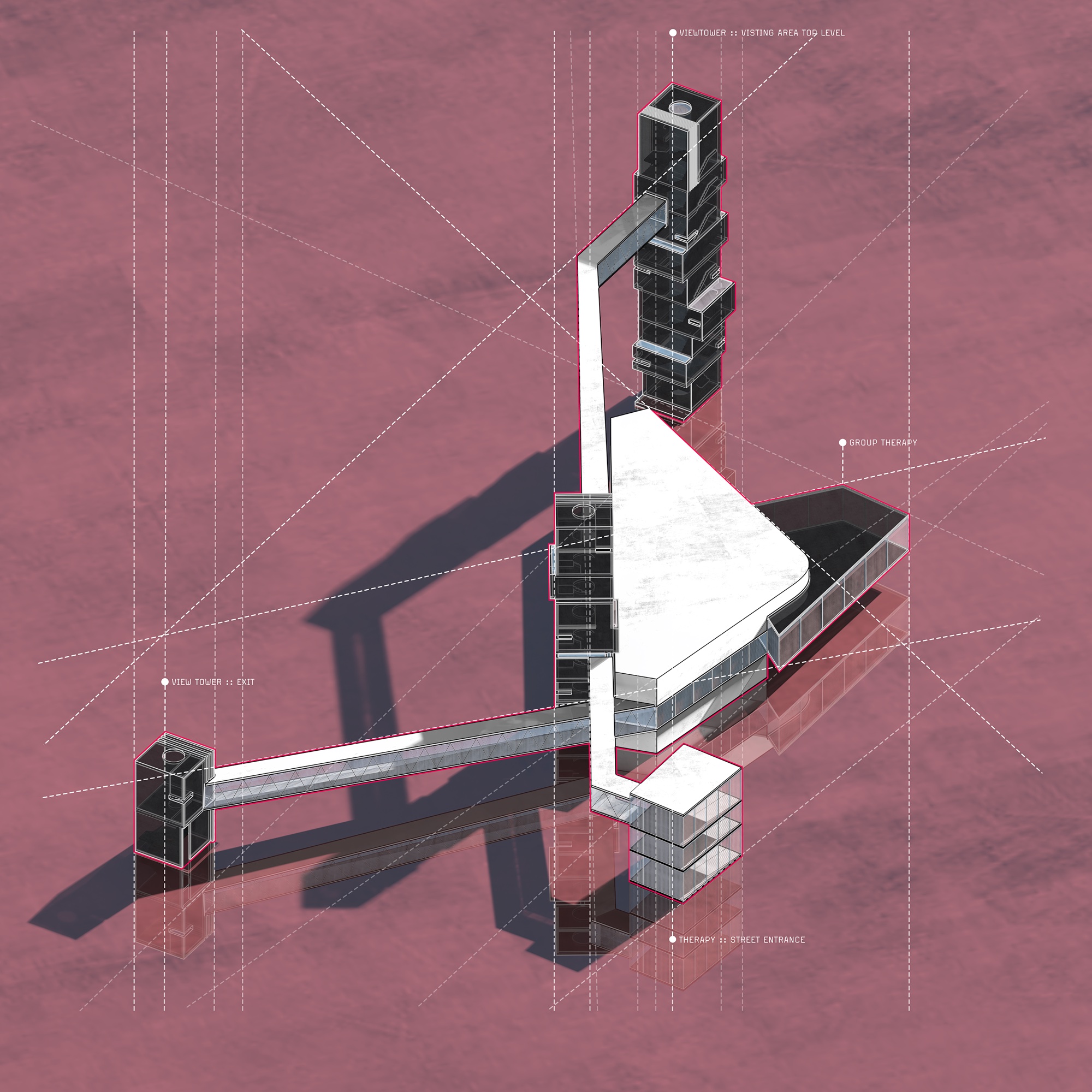 Halfway house cluster — meditation tower axon with single-strand walkway and curated views