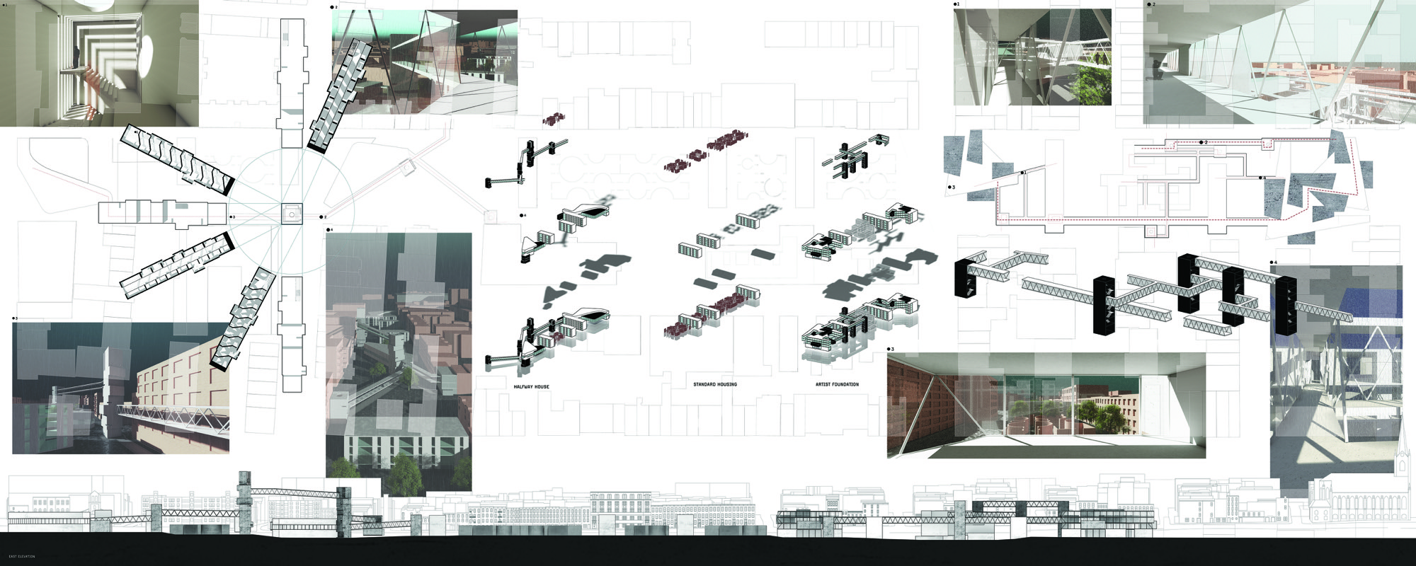 Walkway composite — plans, sections, interior views, and site elevation across the BQE