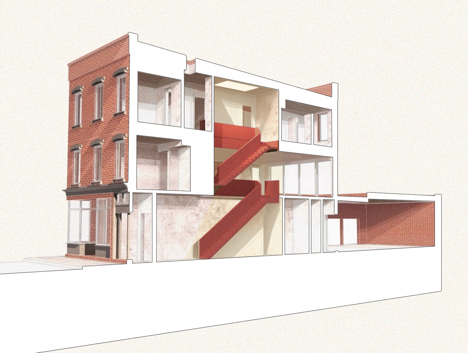 Melrose — full building section: brick rowhouse with open floor plates, red stair, and rear extension