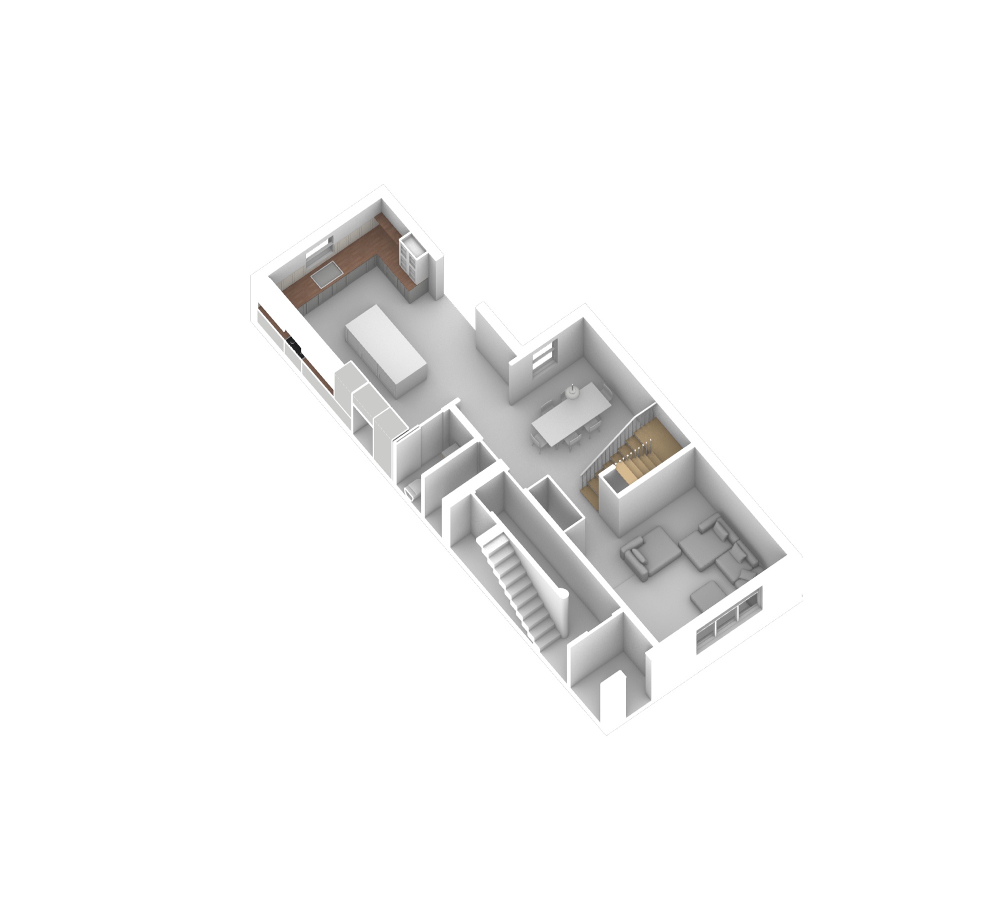 Melrose — ground floor axonometric: kitchen with dark wood millwork, dining area, stair, and living room