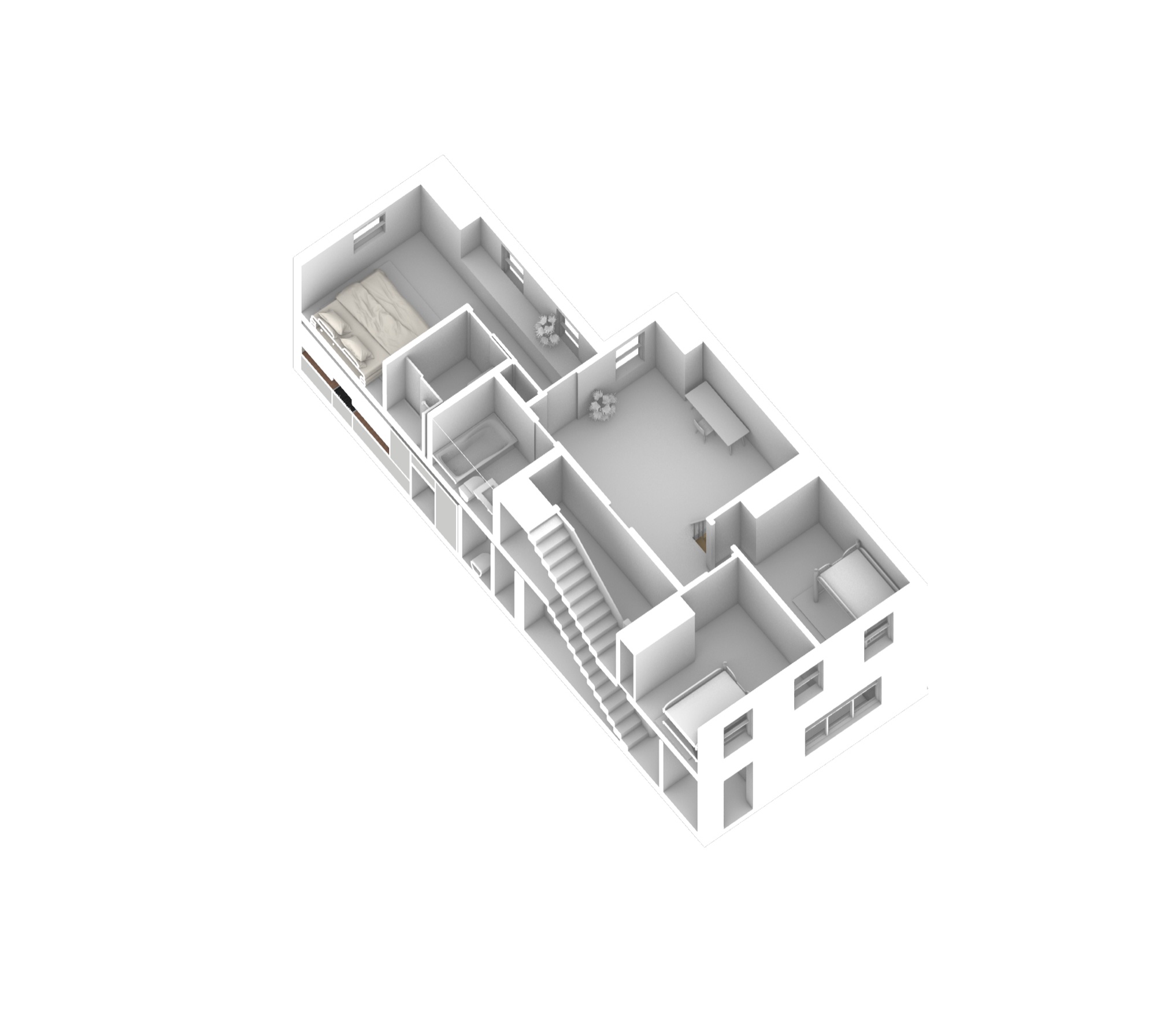 Melrose — upper floor axonometric: master bedroom, bathroom, stair, open room, and secondary bedroom