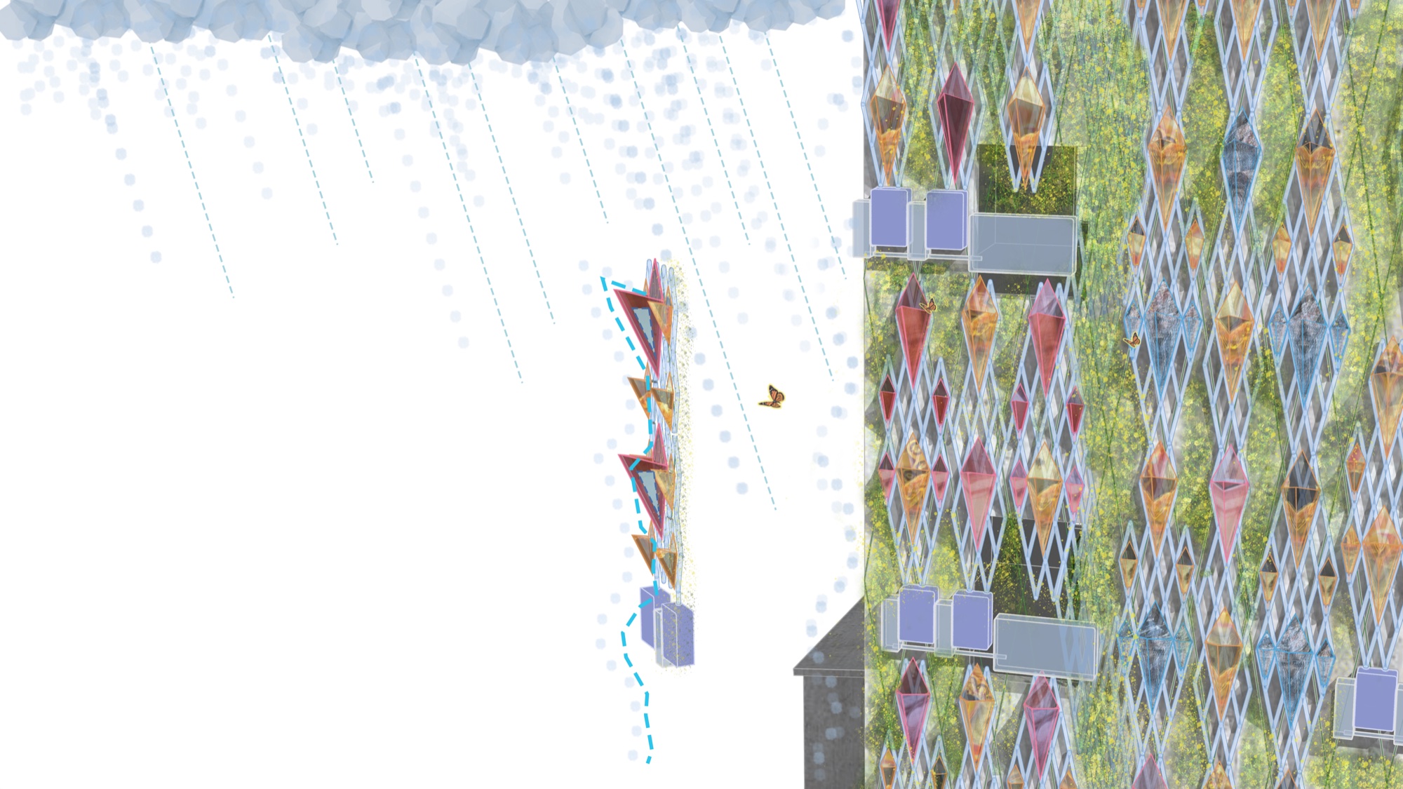 Redhook Rain Story — exterior render with biowall and rain system
