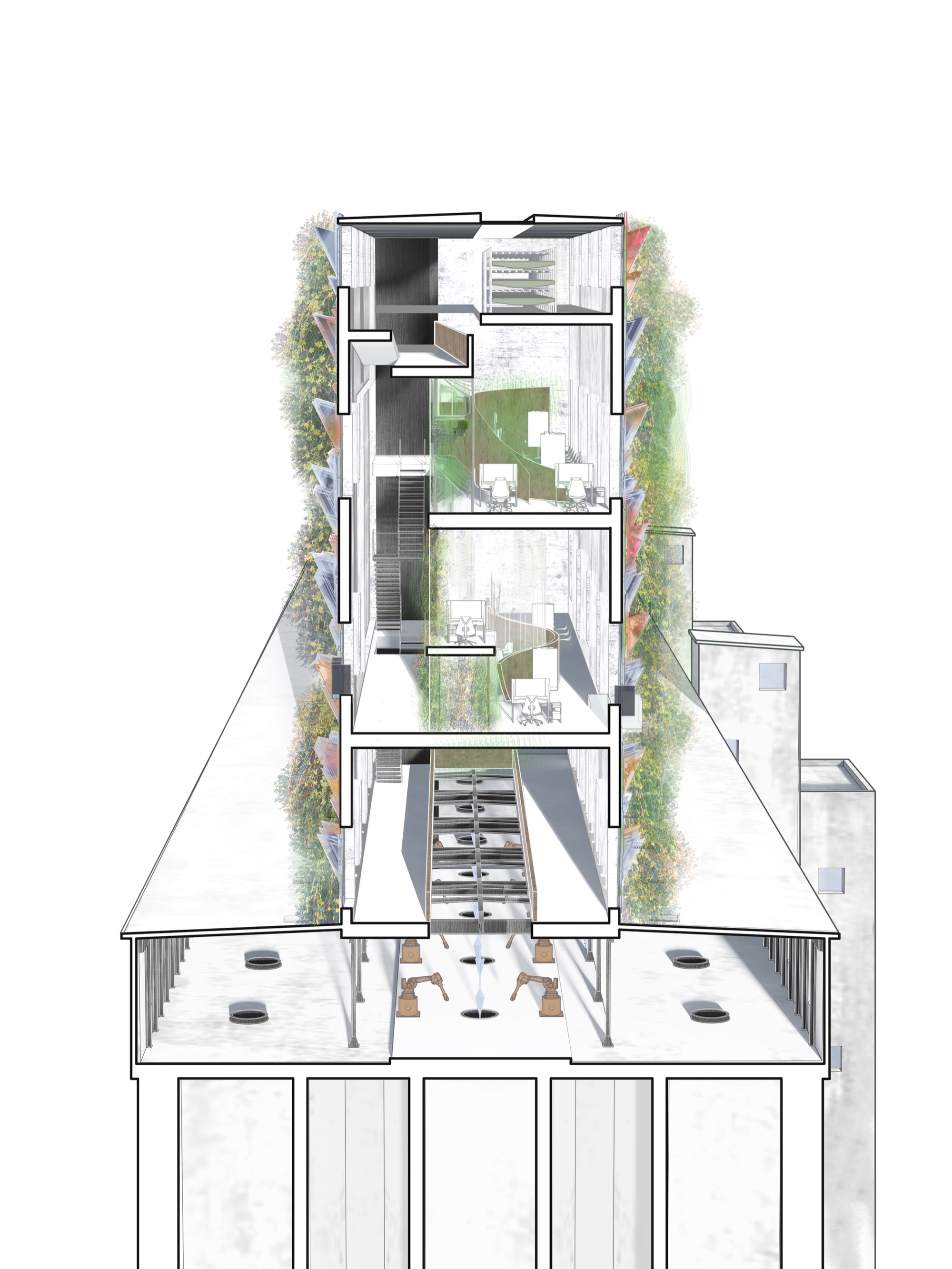 Building section — vertical layers of program and planted facade
