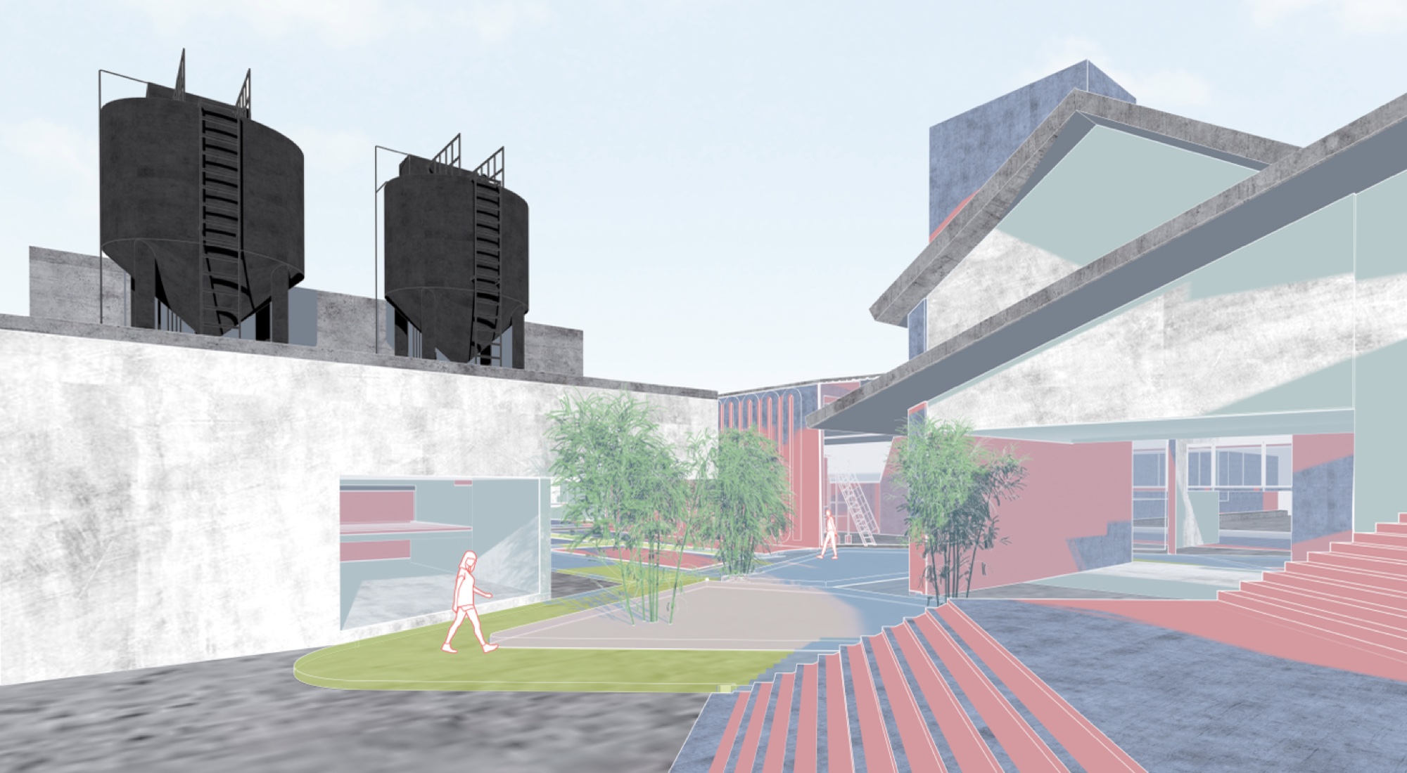 Viva Natatio — entry courtyard with water tanks, bamboo, and terraced bathhouse volume