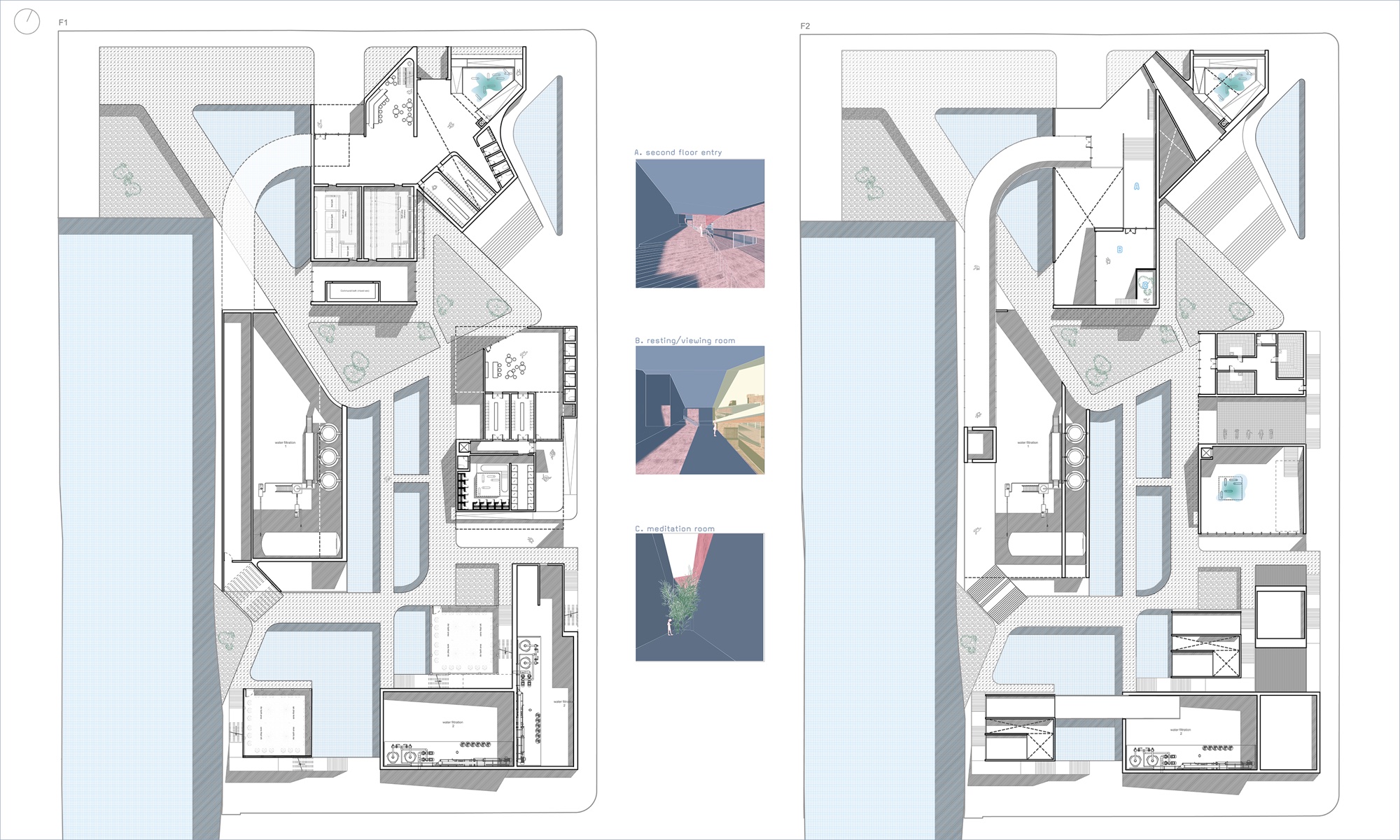 Floor plans — bathhouse and water filtration layout at ground level