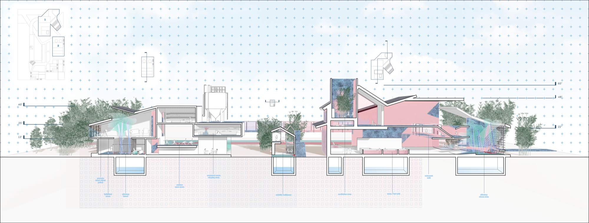 Composite section — sauna, satellite bathhouses, and main bathhouse with underground water tanks