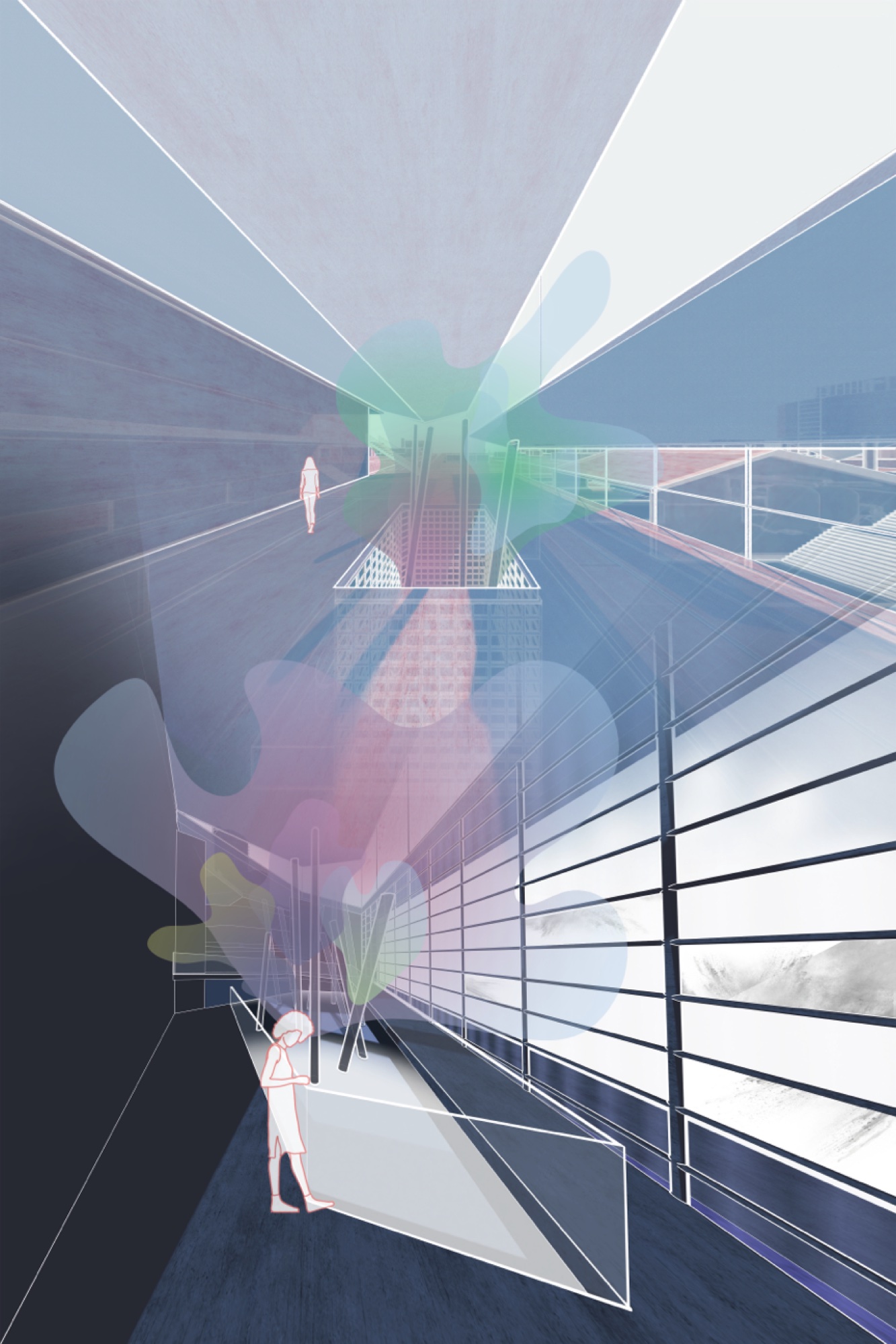 Olfactory room interior — fragranced steam streams and diffused colored light in the bathhouse